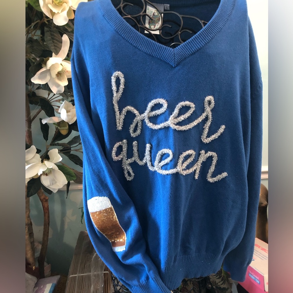 Queen of Sparkles 💖 Beer Queen Embellished V-Neck Sweater